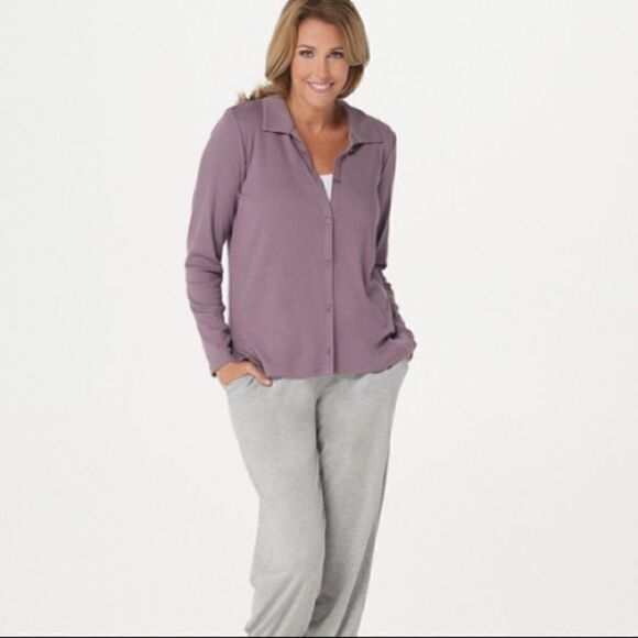 AnyBody Cozy Knit Collared Rib Button Front Long Sleeve Purple Top/Blouse - Picture 6 of 8